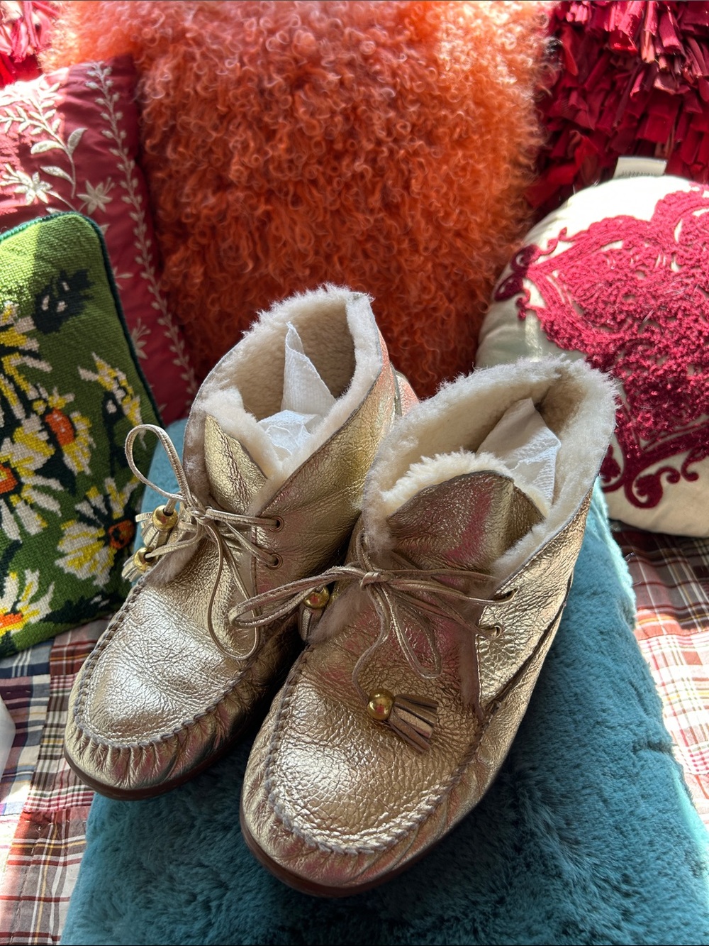 Coach Metallic Gold Shearling-Lined Moccasins